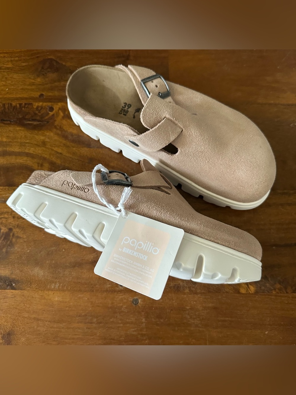 Birkenstock Papillio taupe tan suede slip on clogs size 39 NWT
